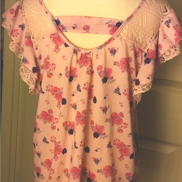 Boho Embroidered front Lace Top Flutter Short Sleeve Open Back Top Large - Picture 3 of 9